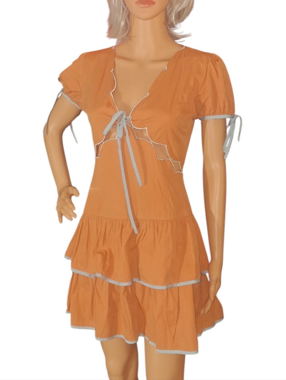 Blue Blush Bowie Scalloped Babydoll Dress Rust Mini bId2257 S Cottagecore Cowgir - Picture 4 of 9